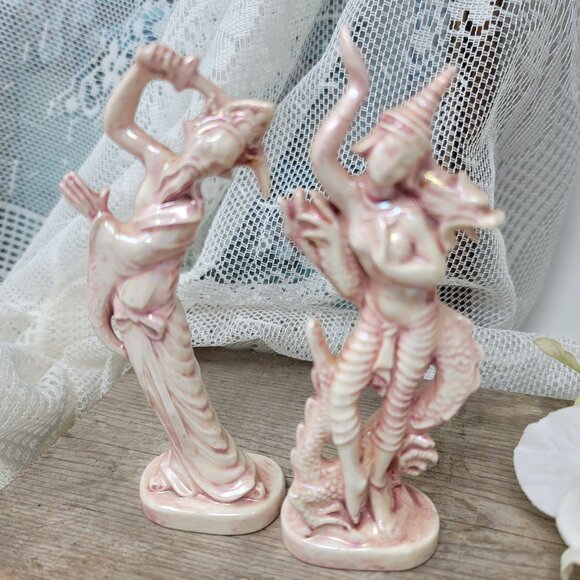 Vintage Ceramic Hindu God & Goddess Statues Pink & White Iridescent Glaze - Picture 6 of 7